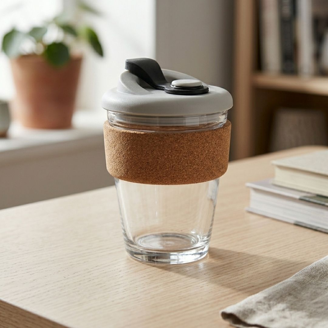EcoGrip Glass Coffee Mug with Cork Sleeve & Flip Lid